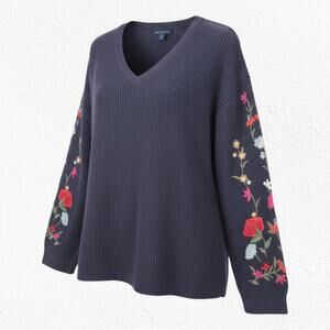 American Eagle Navy Floral Embroidery Sleeve Cottagecore Knit Sweater Size Small